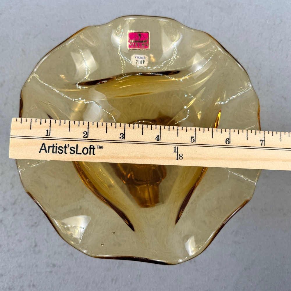 Viking Glass 7107 Amber Ruffled Hand Made Three Footed Compote Bowl MCM - Picture 7 of 7